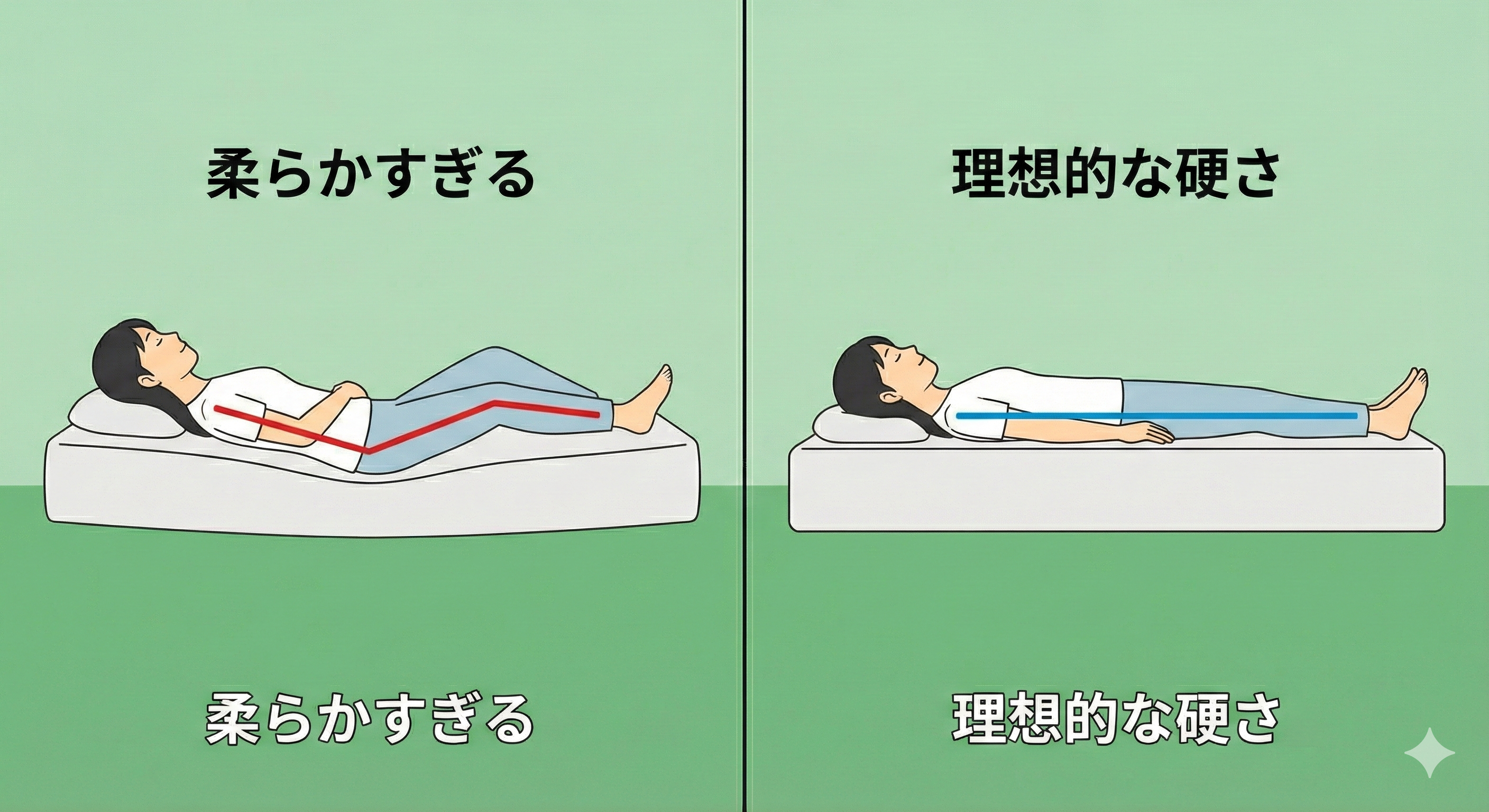 柔らかいベッドで腰が沈むイメージ