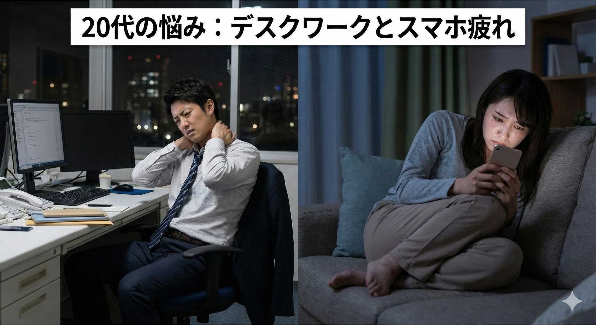 20代の社会人がパソコン作業で疲れているイメージ