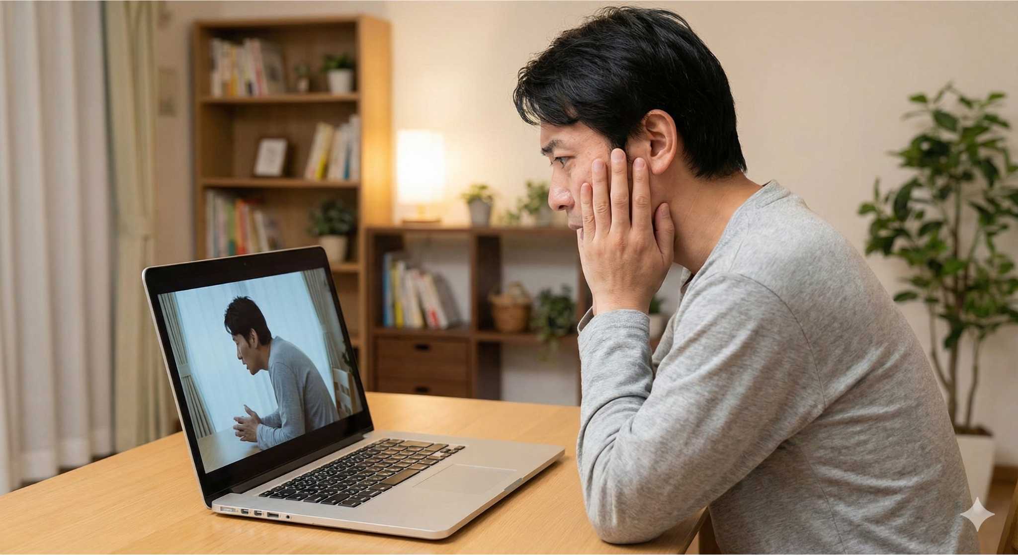 自分の動画を見て猫背にショックを受けるイメージ