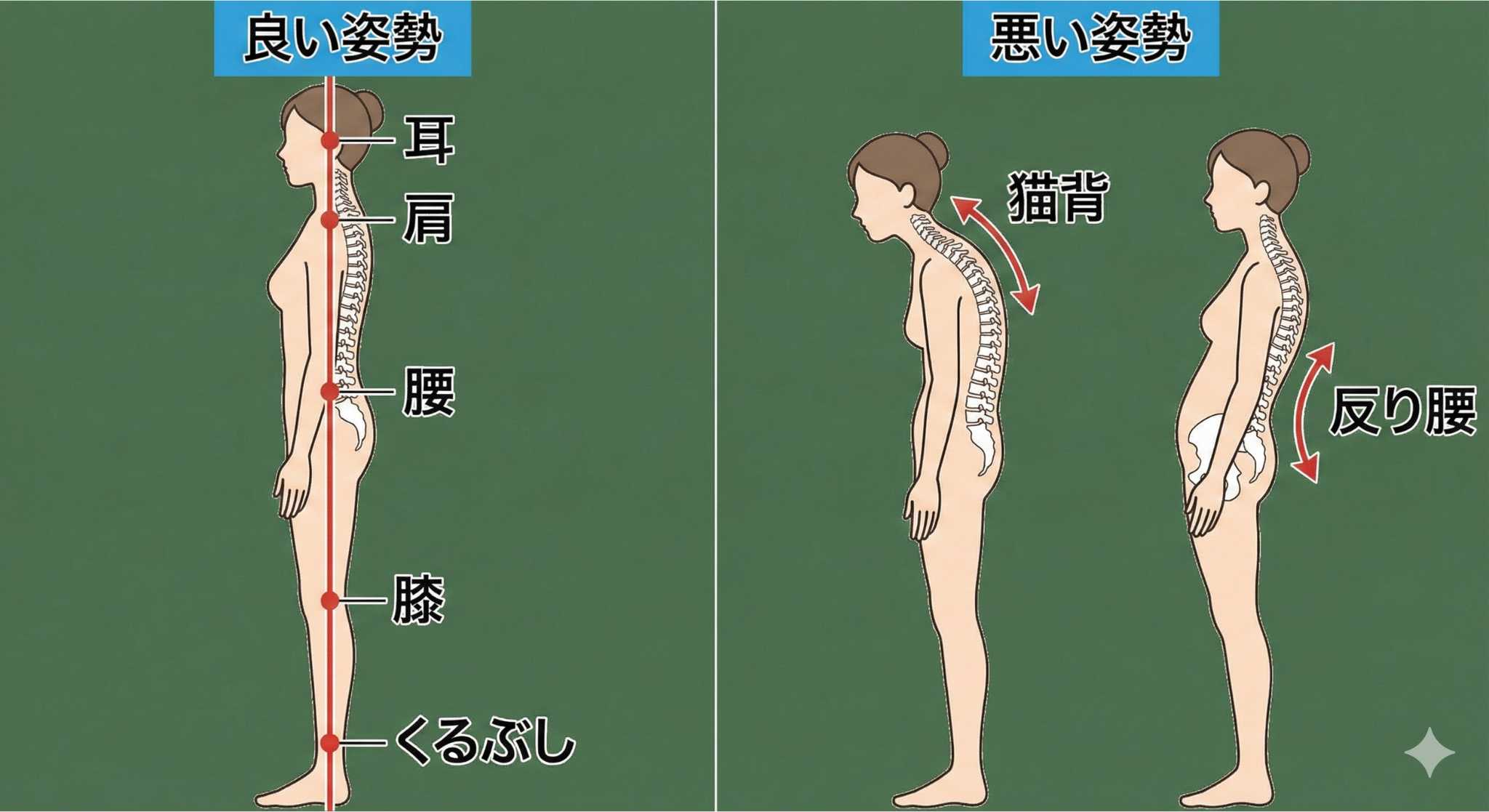 良い姿勢と悪い姿勢の比較図