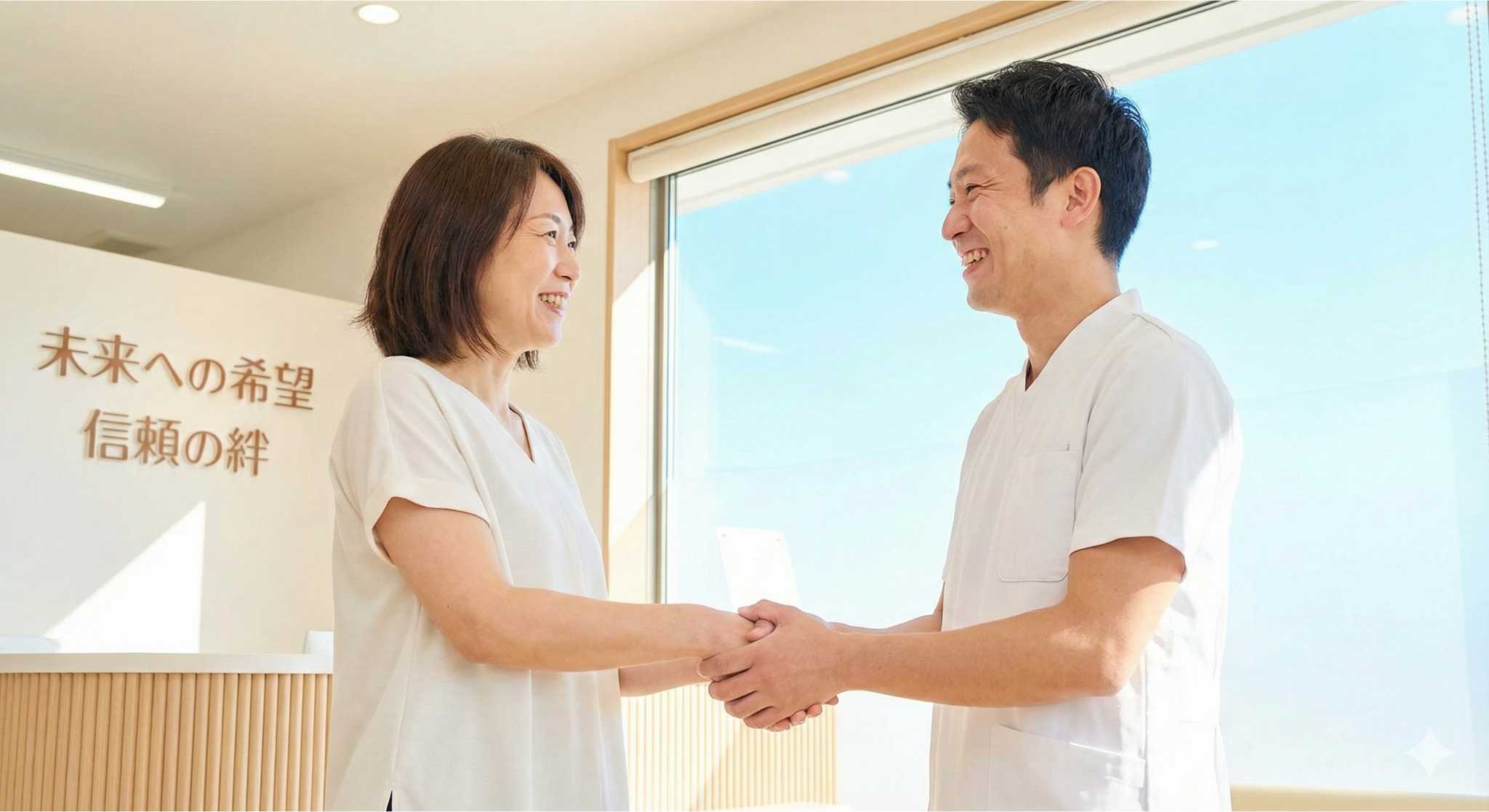 患者様と笑顔で握手する未来への希望イメージ