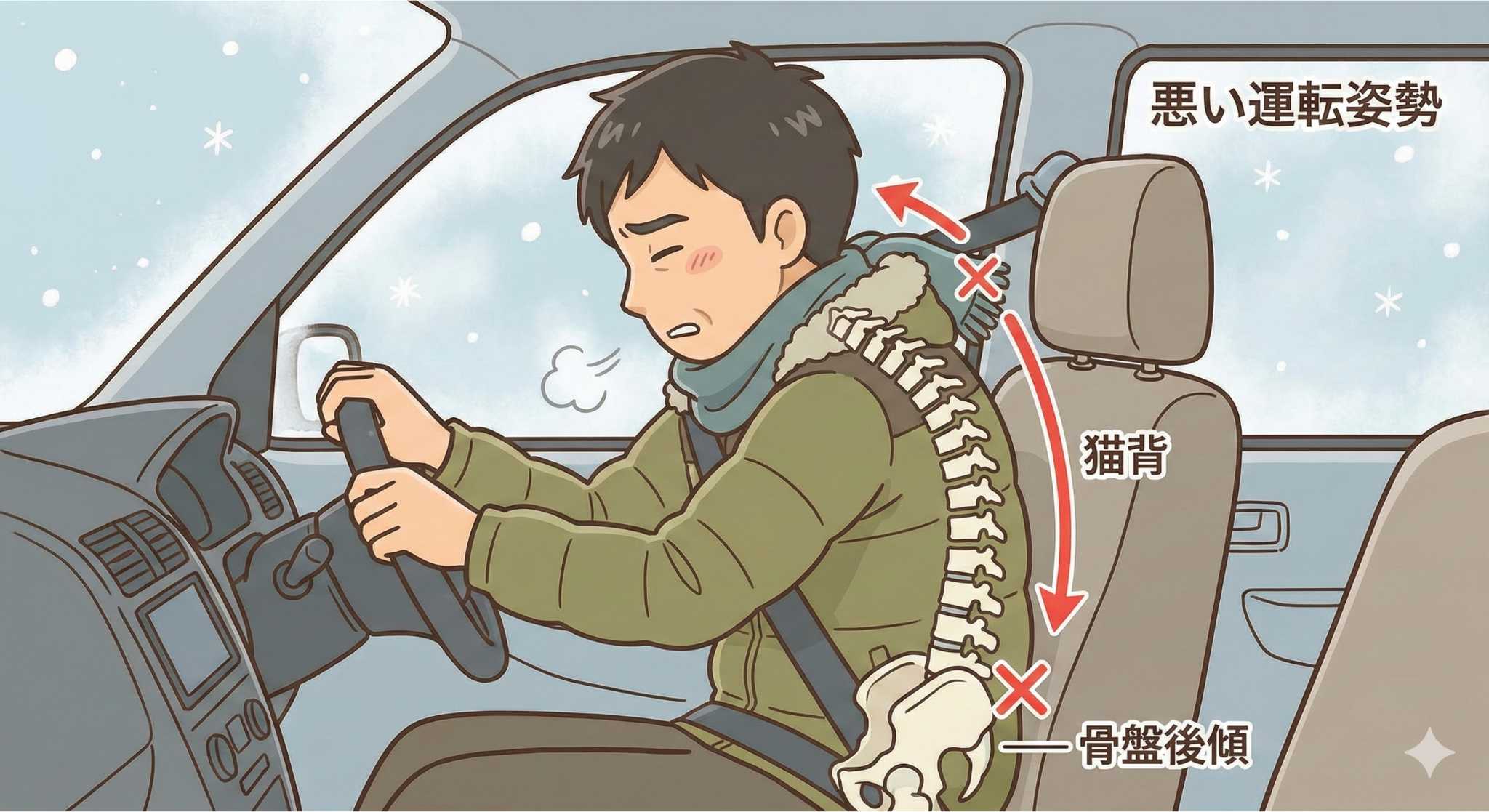 厚着で骨盤が後傾している悪い運転姿勢の図解